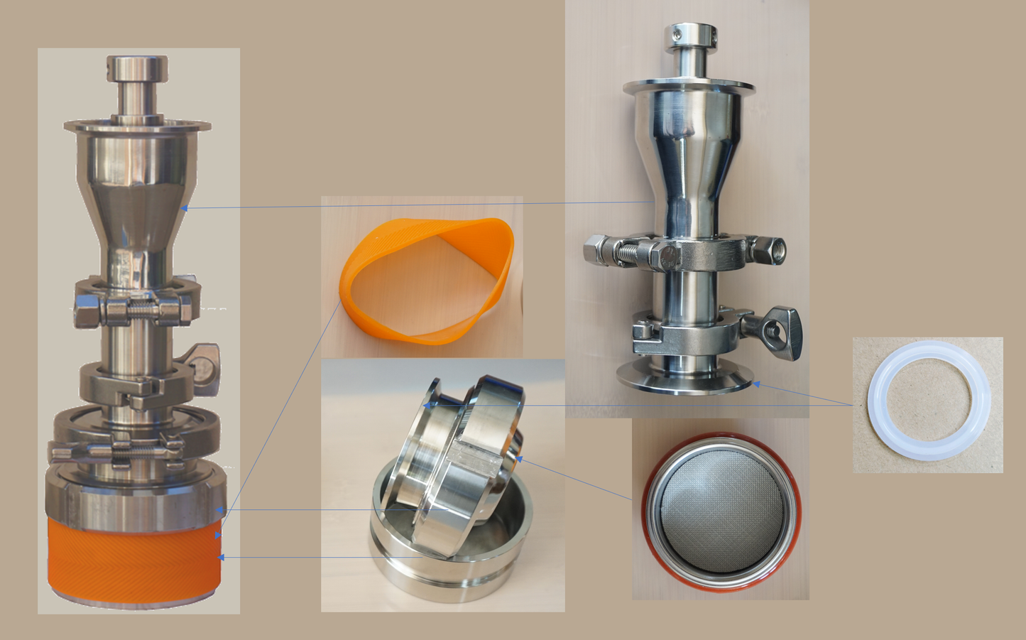 Stainless Steel Pressure Brew – Manual Espresso Maker - www.meebaa.store, view of the MeeBaa S02B and the components of assembly