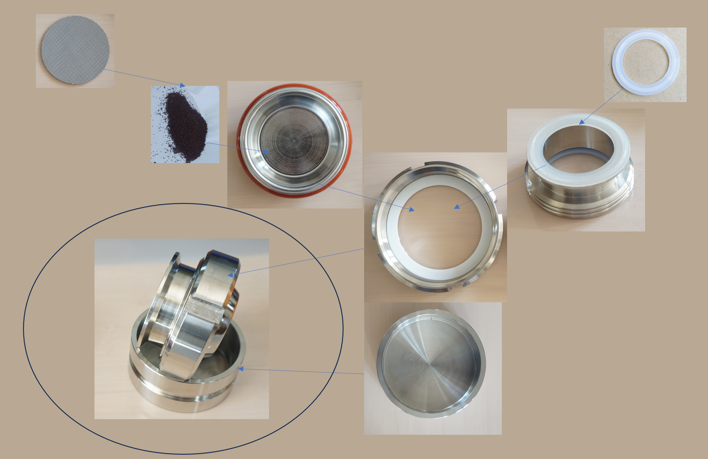 Stainless Steel Pressure Brew – Manual Espresso Maker - www.meebaa.store, how the basket and the basket holder is assembled