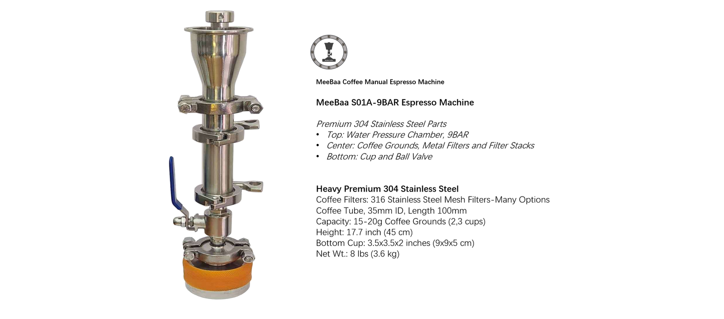 MeeBaa S01A-9Bar Manual Espresso Machine, 9Bar Hand-Press + Filters Set Option