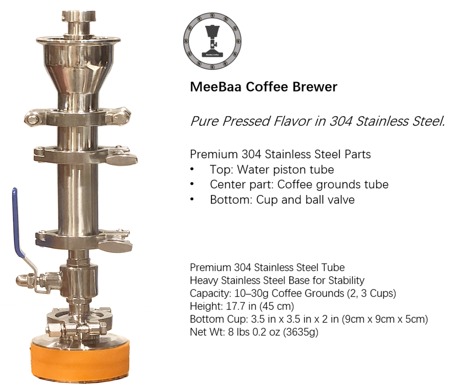 MeeBaa S01B Stainless Steel Manual Espresso Maker – 3.6kg, Free US Shipping