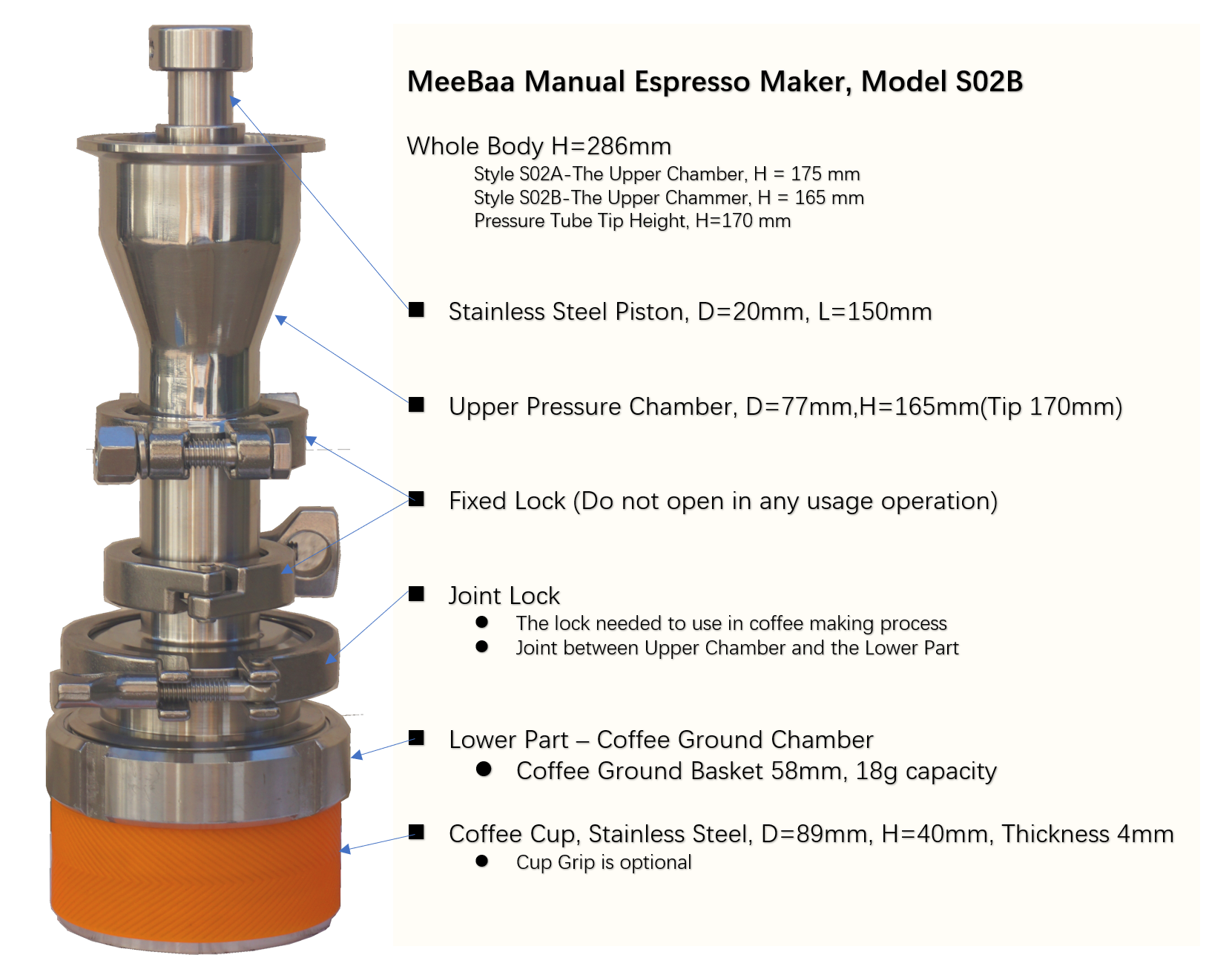 Stainless Steel Pressure Brew – Manual Espresso Maker - www.meebaa.store, Model MeeBaa S02B assembly of components