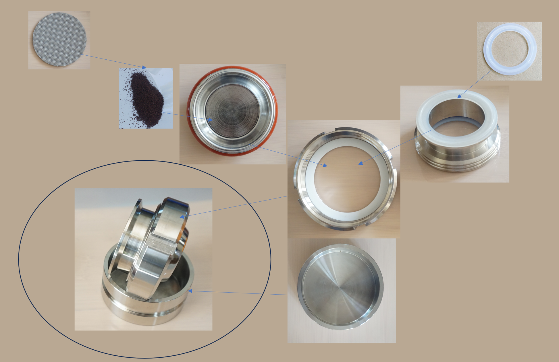 Stainless Steel Pressure Brew – Manual Espresso Maker - www.meebaa.store, how the basket and the basket holder is assembled