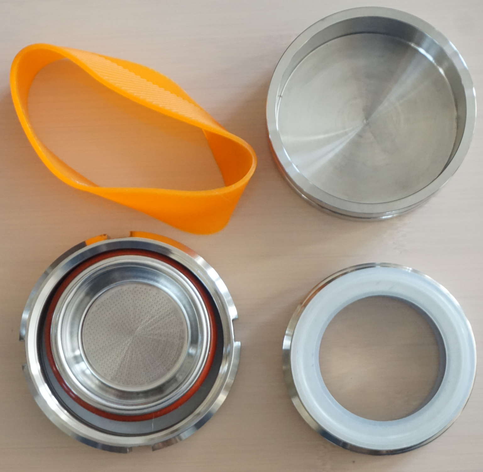 Stainless Steel Pressure Brew – Manual Espresso Maker - www.meebaa.store, the coffee cup and the 55mm basket